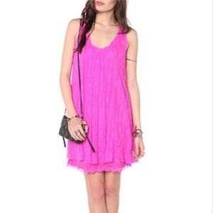 ✨Free People✨Wild Pink A-line Swing Dress V-neck Fuschia Stretch Lace Raw Hem XS